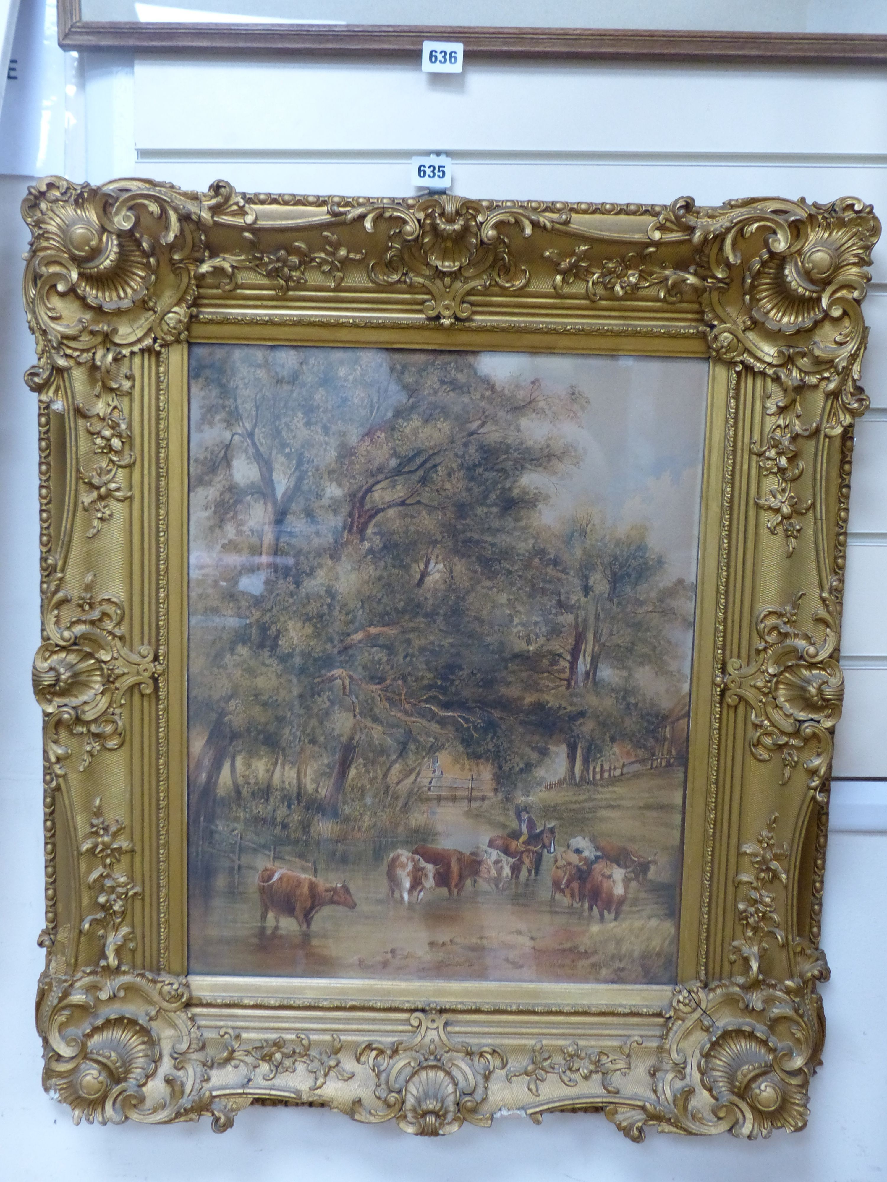 Victorian School, watercolour, Cattle drover crossing a brook, 51 x 40cm